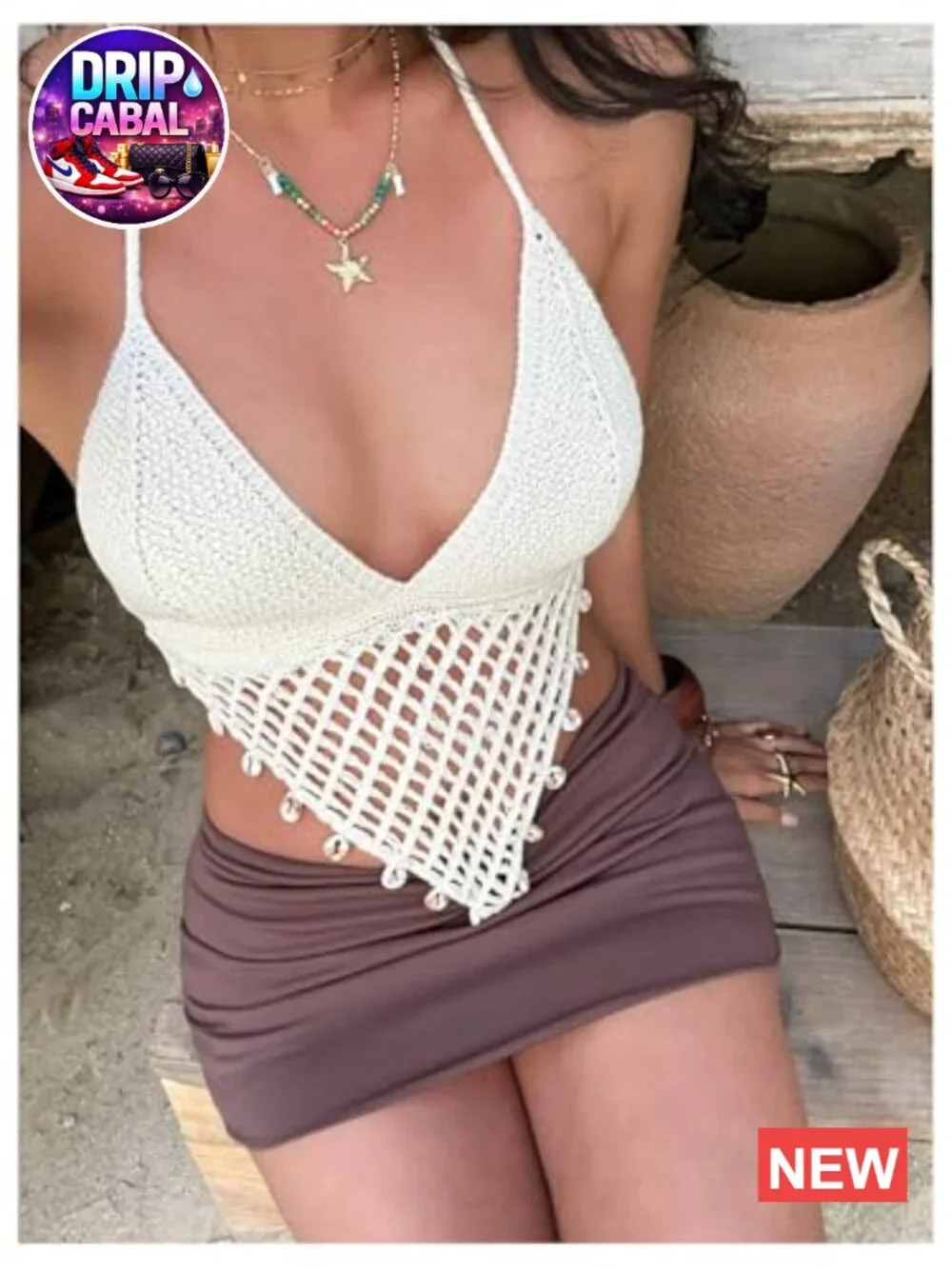 Boho Crochet Halter Top Asymmetrical V Neck Camisole Summer Vacation Beach - Picture 6 of 7